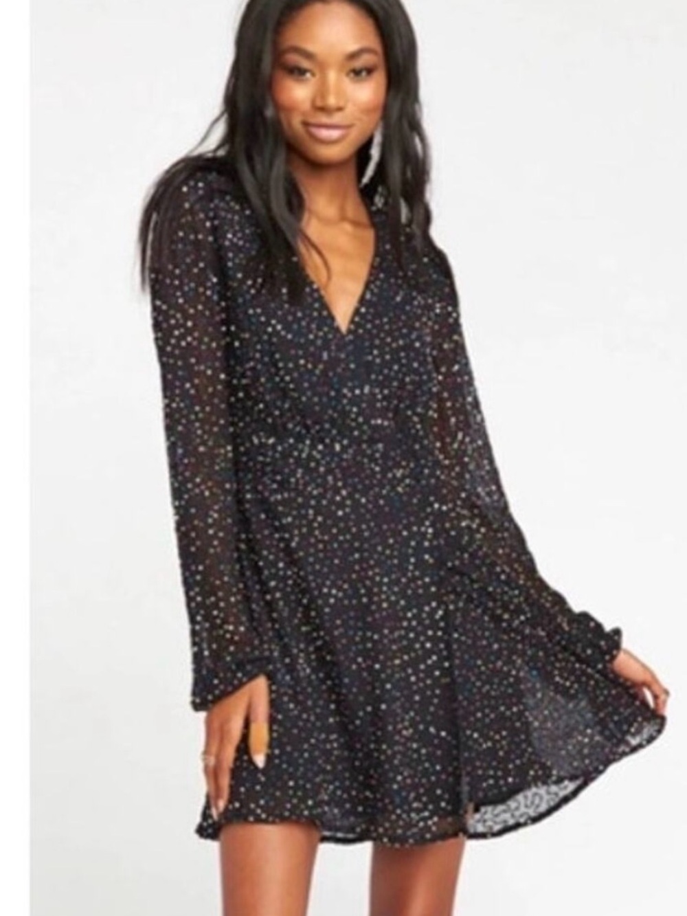 Show Me Your MuMu Black Long-Sleeve V-Neck Mini Dress with Multi Dot Print